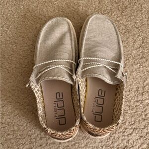 Hey Dude Beige Linen Slip-On Moccasins with Patterned Heel